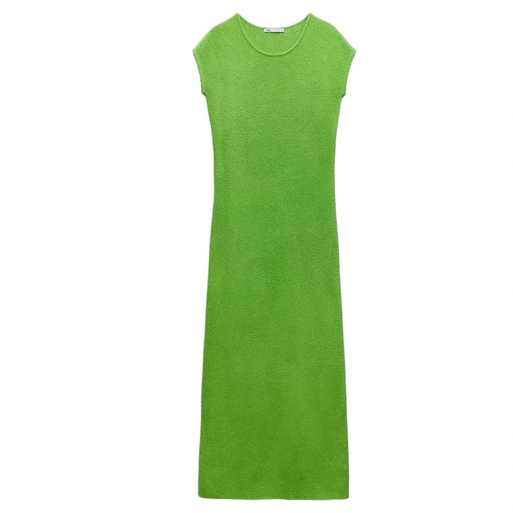 ZARA Apple Green Knit Midi Dress Cutwork Waist Size M - Picture 5 of 8